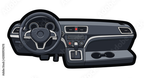 Car dashboard with steering wheel.