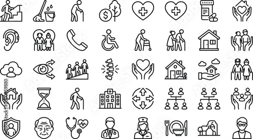 Elderly Care and Social Support Line Icon Set Featuring Healthcare Assistance Retirement Nursing Home Family Aid and Community Service Symbols