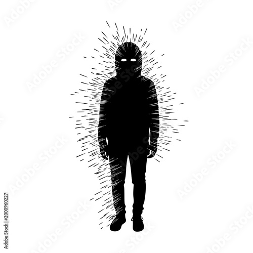 Mysterious Silhouette of an Anonymous Person in a Hoodie with Explosive Radial Lines