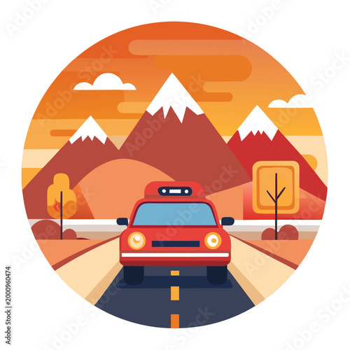 Mountain Road Trip Flat Vector Illustration