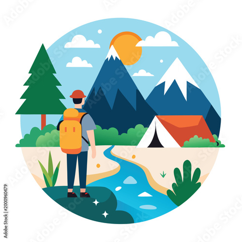 Mountain Hiking and Camping Adventure Illustration