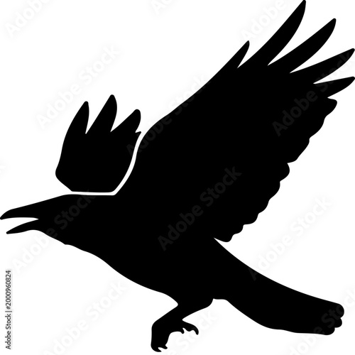 Black silhouette of a crow in flight, isolated on white background