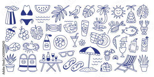Photography Summer element collection featuring beach accessories, tropical icons, sun and vacation items, ideal for posters, t shirts and seasonal branding
