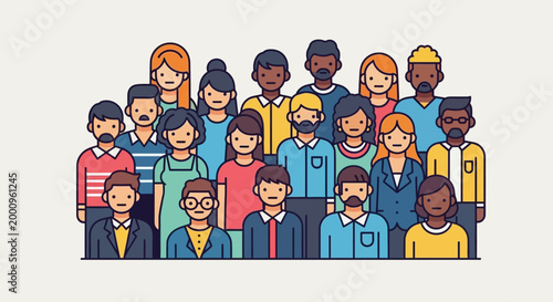 Diverse crowd of multiethnic people in flat vector illustration style.