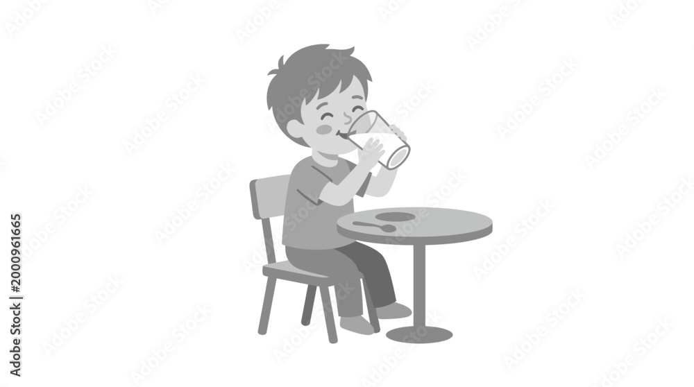Fototapeta premium A boy sits at a table drinking from a glass happily alone indoors.