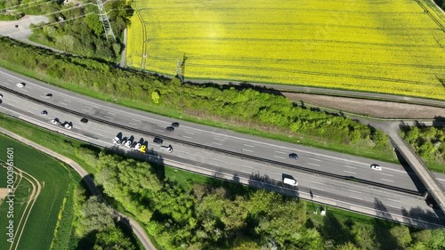 Idstein, Germany - April 23, 2026: Aerial view of dense traffic on German highway A3 between Bad Camberg and Idstein.