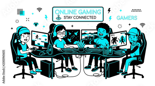 Four friends play online games together at a table with computers and headsets.