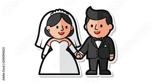 Cartoon wedding couple holding hands smiling.