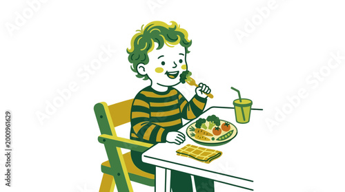 A cheerful child enjoys a nutritious meal with broccoli and a glass of juice.