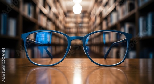 Eyeglasses resting on a wooden surface in front of a library