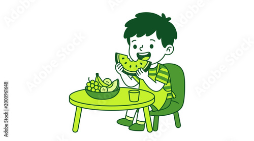 A young boy enjoys eating watermelon at a table with fruit.
