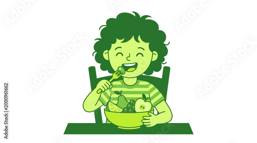 A child happily eats a fresh fruit salad with a fork in a chair.