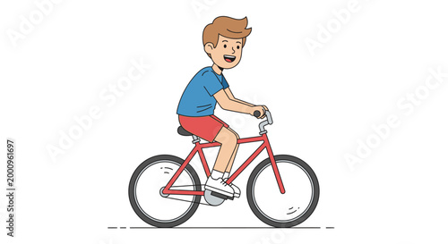 A young boy rides a red bicycle quickly outdoors with a happy expression on his face.