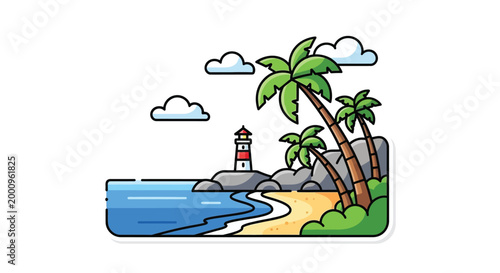 Colorful cartoon palm trees on beach.