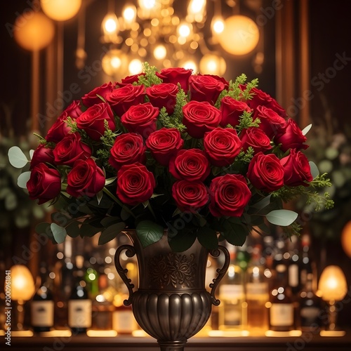 Luxurious red rose arrangement in a dark elegant bar setting