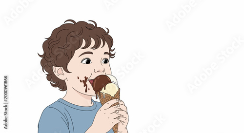 A boy enjoys eating chocolate ice cream on a cone outdoors.