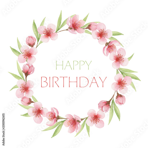 Happy Birthday greeting card template, round frame, text, blooming tree branc...