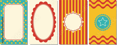 Retro Carnival Circus Label Card Set with Scallop Frame Stripe Wave and Star Badge in Red Teal and Yellow
