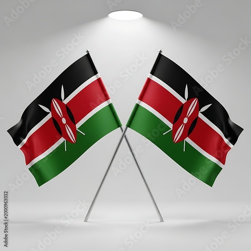 Two crossed flags of kenya on a grey background