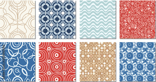 Retro Seamless Tile Pattern Collection in Blue Red and Beige with Floral Geometric and Wave Repeat Designs