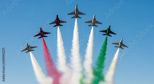 Formation of fighter jets performing an aerial display with colored smoke trails