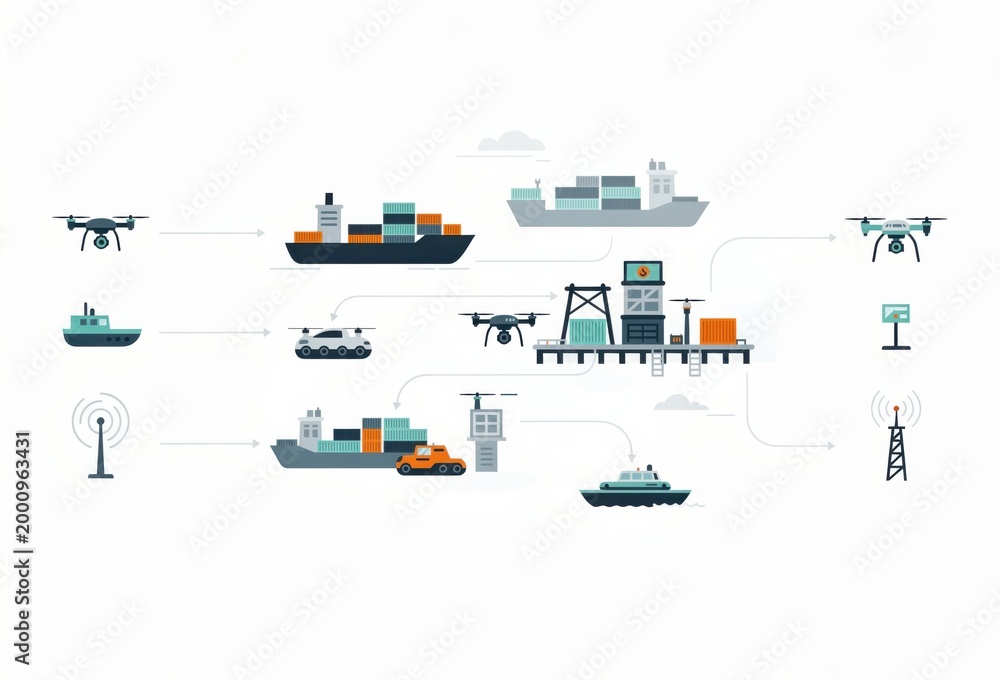 Fototapeta premium Innovative logistics framework illustrating drone, shipping containers, and maritime vessels in a seamless digital communication network optimizing supply chain efficiency