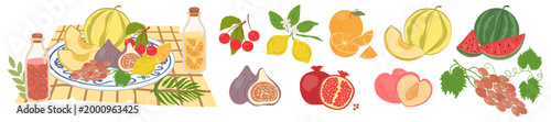 Collection of summer fruits and Mediterranean food illustrations including melon, fig, orange, grapes, and pomegranate. Perfect for menus, packaging, branding, and seasonal design. Vector illustration