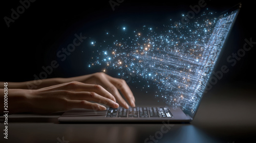Hands typing laptop holographic data stream digital coding glowing particles futuristic interface technology network connectivity creative