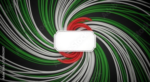 Abstract swirl background with green white and red lines and central label