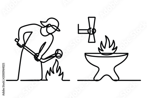 Blacksmith hammering metal on anvil with fire vector illustration, blacksmith