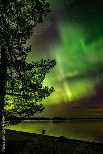 Anazing aurora borealis in the starry sky dancing over calm lake