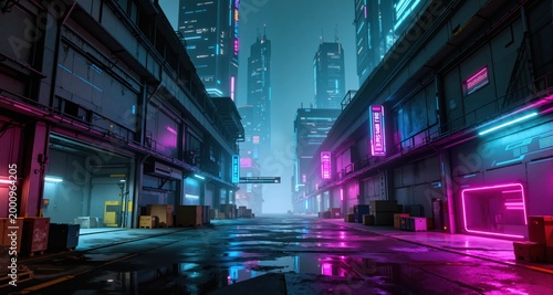 Business Flyer Layout with Blue Accents. Cyberpunk style, Warehouse of the city of the future.
