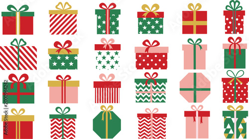 

Colorful Christmas Gift Box Collection Flat Vector Icons Set with Festive Holiday Wrapping and Bows