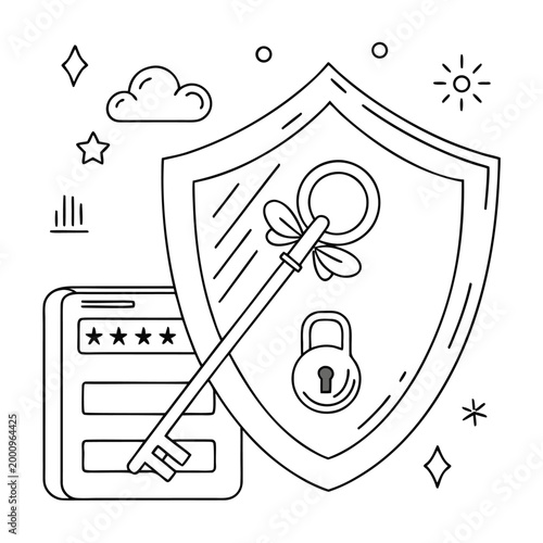 Minimal Shield and Key Password Security Line Art Vector Icon for Data Protection