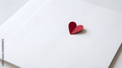 A small red heart placed on white paper creating a minimalist romantic composition