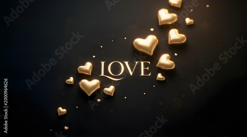 Elegant golden hearts scattered around the word love on a dark background, ideal for luxury romantic themes.