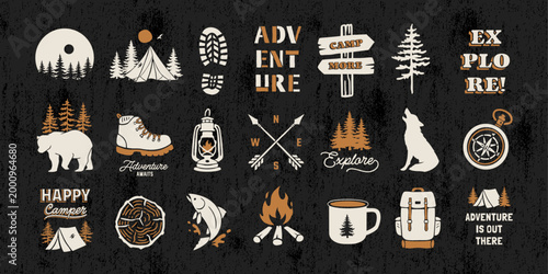 Outdoor themed vector set with camping illustrations, woodland animals, badges, tents, mountains, quotes, and adventure graphics. Perfect for stickers, posters, apparel, and nature-inspired designs.