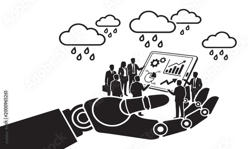 Professional team analyzing digital charts on tablet held by giant robot arm. Business data visualization concept under clouds with falling rain drops.