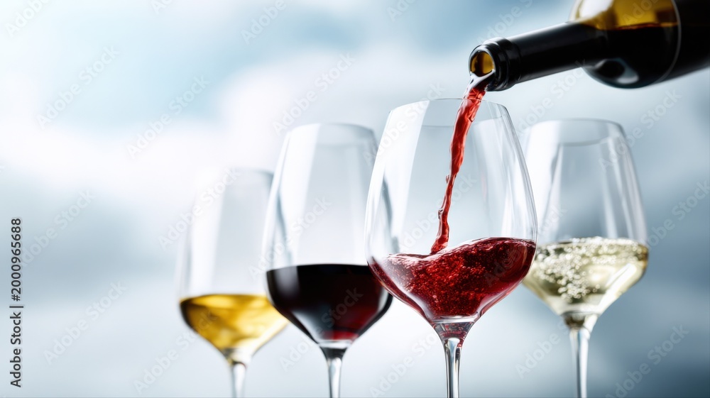 Obraz premium Pouring Red Wine into Crystal Glass Alongside White Wine Selection with Soft Sky Background