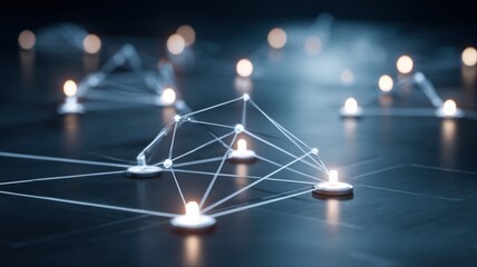 Abstract digital network connections with glowing nodes on a dark futuristic background