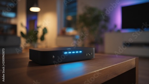 Sleek Modern Media Receiver Device with Blue LED Lights on a Wooden Coffee Table in a Cozy Living Room