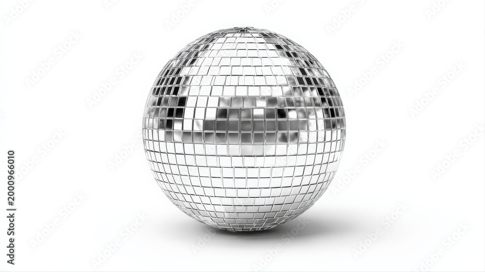 Fototapeta premium Classic Silver Disco Ball Reflecting Light in Studio Against White Background