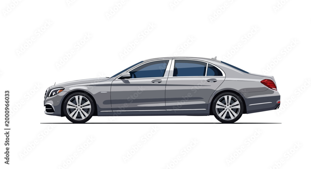 Obraz premium A sleek grey luxury sedan car illustrated in a side view on a white background.