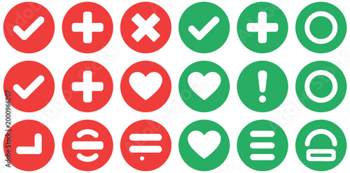 Validation and agreement icon set with red and green circles, approval, rejection, and denial symbols, decision status indicators, modern clean isolated vector illustration for apps, forms, and verifi