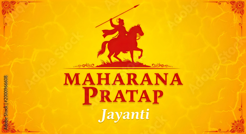 Maharana pratap jayanti celebration poster with a silhouette of a warrior king riding a horse holding a long spear
