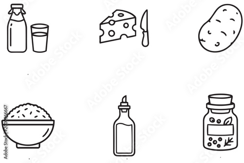 Line art food icons a collection of essential grocery and meal components
