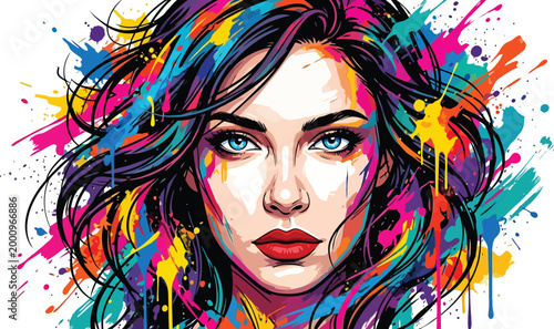 Artistic Woman: A captivating portrait of a woman with vibrant, multicolored splashes merging into her hair and face, an ode to the colorful symphony of art.