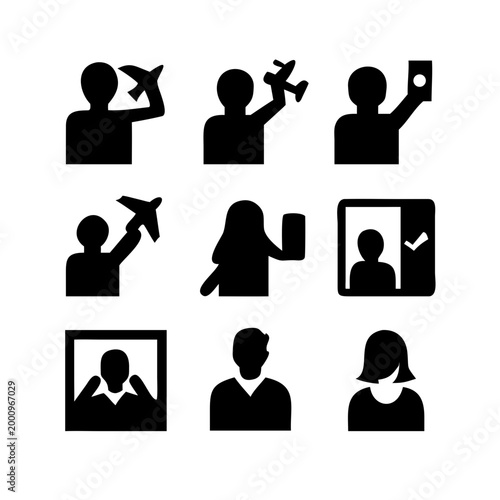 Set of travel and people icons, including passengers and passport control