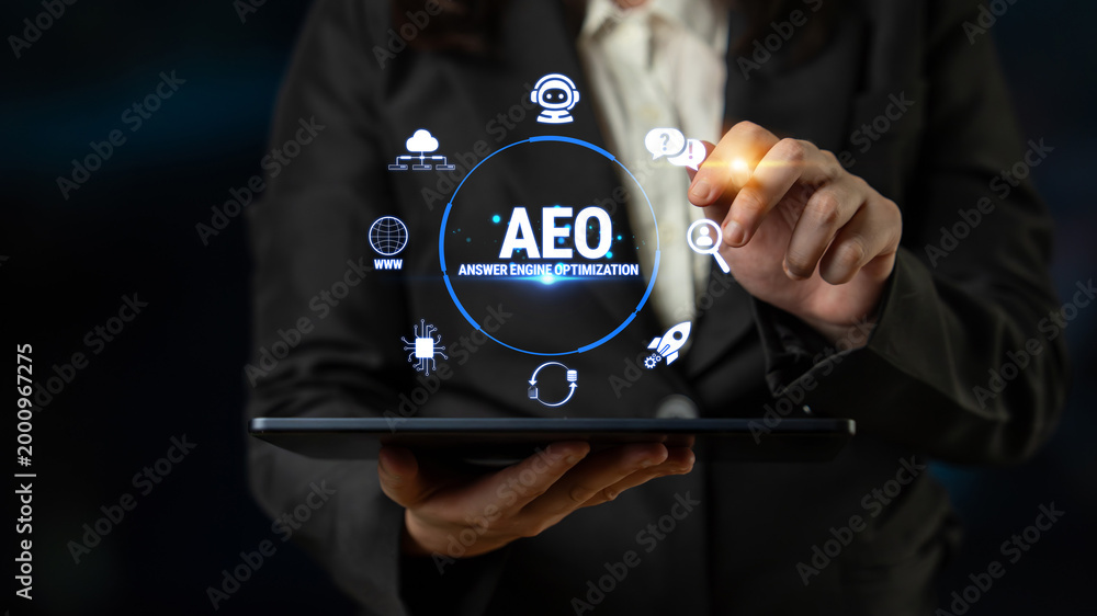 Fototapeta premium Business professional interacting with futuristic interface displaying AEO concepts for enhanced communication and digital optimization in a corporate environment Fluxor.