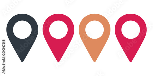 Red location map pointer icons set with GPS pin markers, flat and line navigation symbols for destination, travel, mapping, and mobile app interface design projects